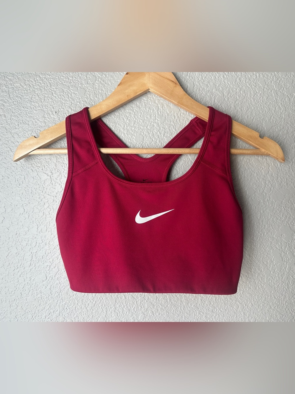 Nike Women’s Wine Red Racerback Sports Bra with White Swoosh - Size Small